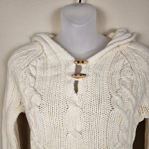 Vintage Y2K Cable Knit Sweater Womens Lambs Wool Hood Wood Toggle Button Cream M - Picture 4 of 15